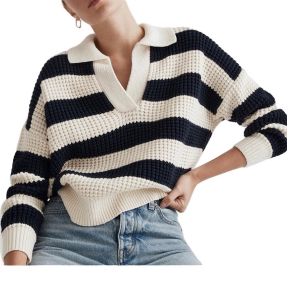 Madewell Sweaters - Madewell Antique Cream Striped Waffle-Knit Henley Sweater Size M Relaxed Fit